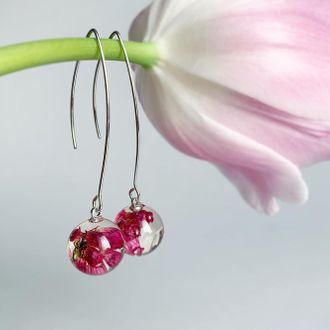 Довгі сережки з вересом. Прикраси з квітами і рослинами (модель №2557) Glassy Flowers
