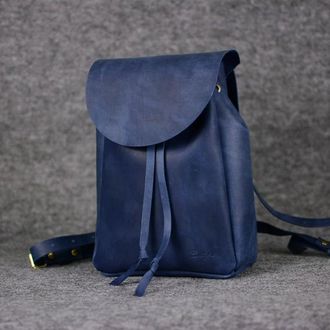Жіночий шкіряний рюкзак на затягуваннях з вільним клапаном, вінтажна шкіра, колір синій