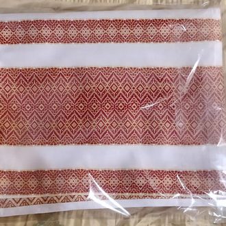 Рушник тканый вышитый, белый с оранжевым орнаментом (красные и желтые нитки) N 6